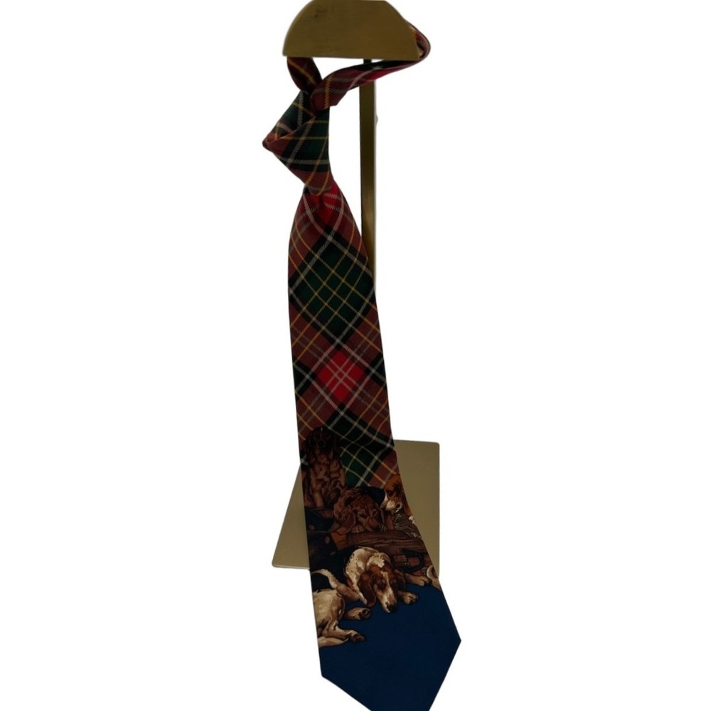 Vintage Ralph Lauren 100% Silk Tie Men's One Size Red Plaid Hunting Dog Italy